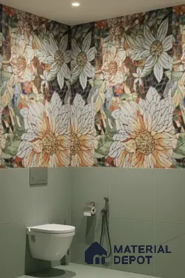 Modern bathroom with floral mosaic highlighter wall tile and sage green plain wall tiles