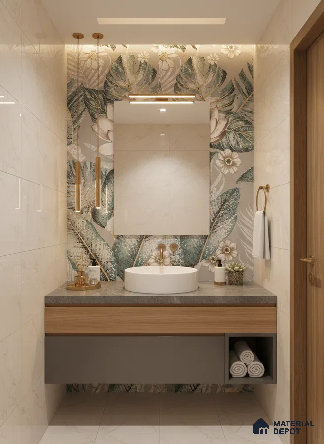 Modern bathroom with floral mosaic highlighter wall tile, marble wall tiles, and grey stone countertop | Material Depot