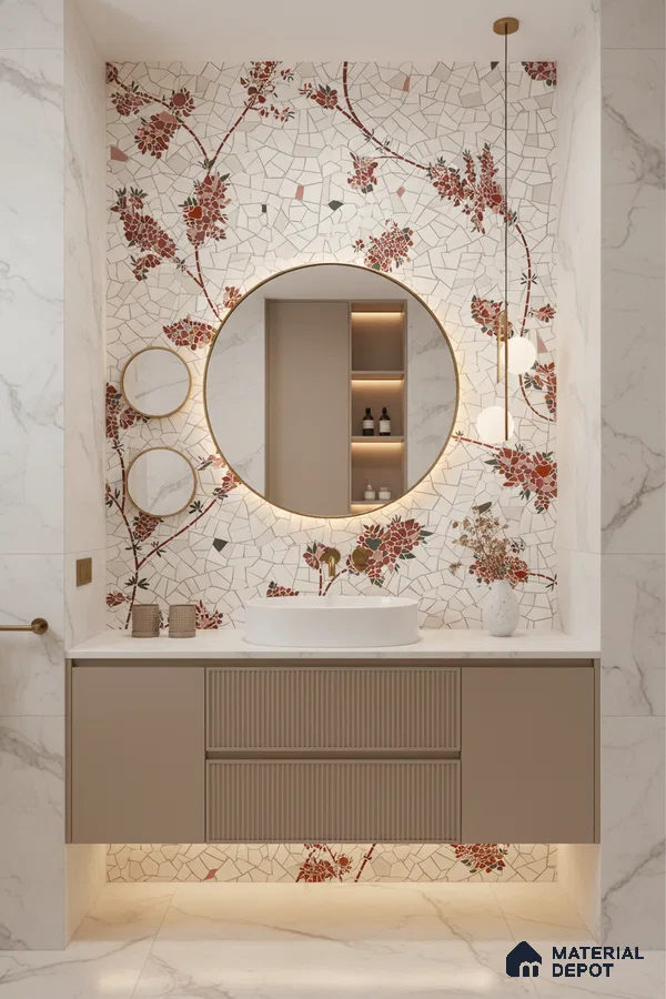 Modern bathroom design with floral mosaic wall tiles, beige fluted vanity, and white marble floor tiles in Bengaluru | Material Depot