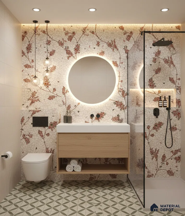 Modern bathroom design with floral mosaic wall tiles, geometric green floor tiles, and light oak floating vanity in Bengaluru | Material Depot