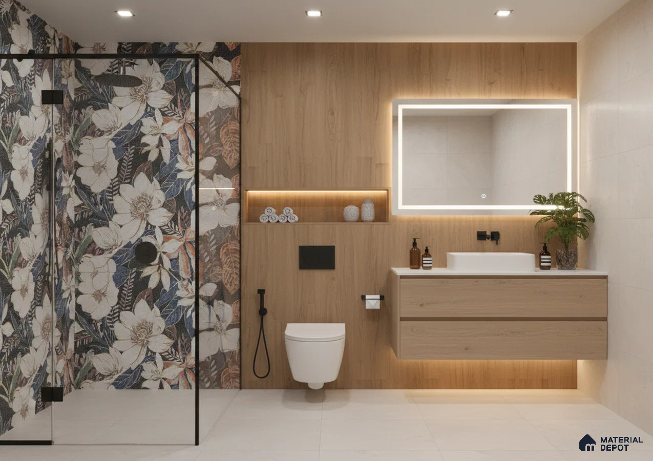 Modern bathroom design with floral mosaic wall tiles, light oak wood laminate vanity, and beige floor tiles in Bengaluru | Material Depot