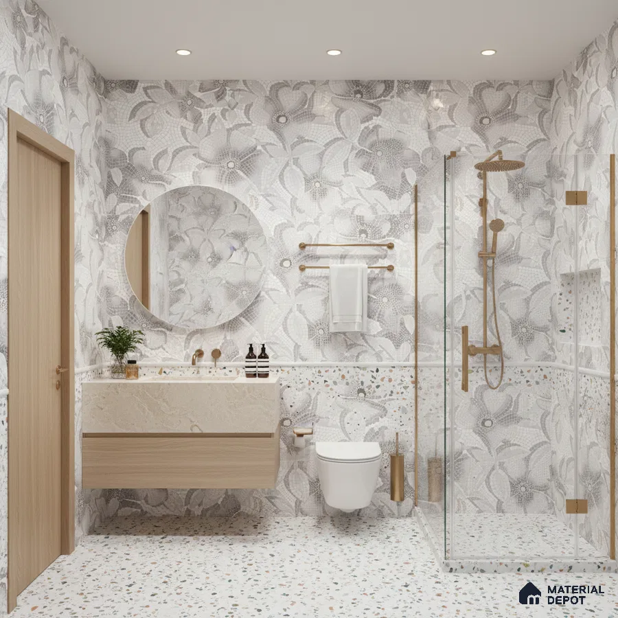 Modern bathroom design with floral mosaic wall tiles, terrazzo floor tiles, and beige marble vanity in Bengaluru | Material Depot