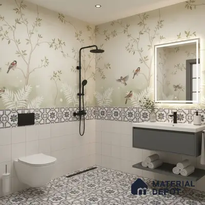 Modern bathroom with floral patterned floor tiles, bird motif wall tiles, and floating grey vanity in Bengaluru | Material Depot