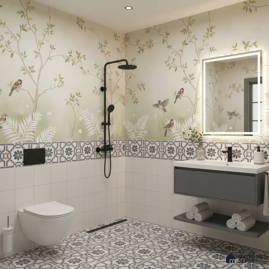 Modern bathroom with floral patterned floor tiles, bird motif wall tiles, and floating grey vanity in Bengaluru | Material Depot