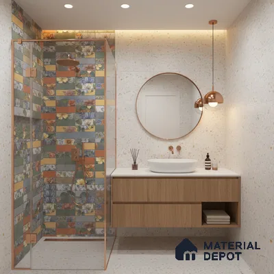 Modern bathroom with floral patterned highlighter tiles, terrazzo wall and floor tiles, and wood vanity | Material Depot
