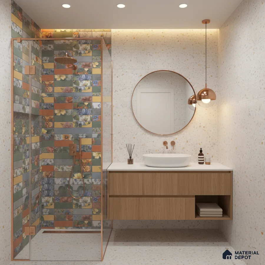 Modern bathroom with floral patterned highlighter tiles, terrazzo wall and floor tiles, and wood vanity | Material Depot