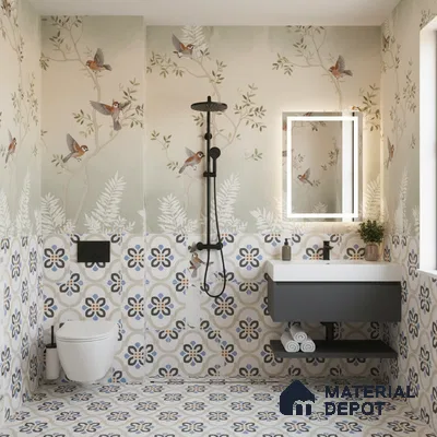 Modern bathroom with floral patterned tiles and bird motif wallpaper in Bengaluru | Material Depot