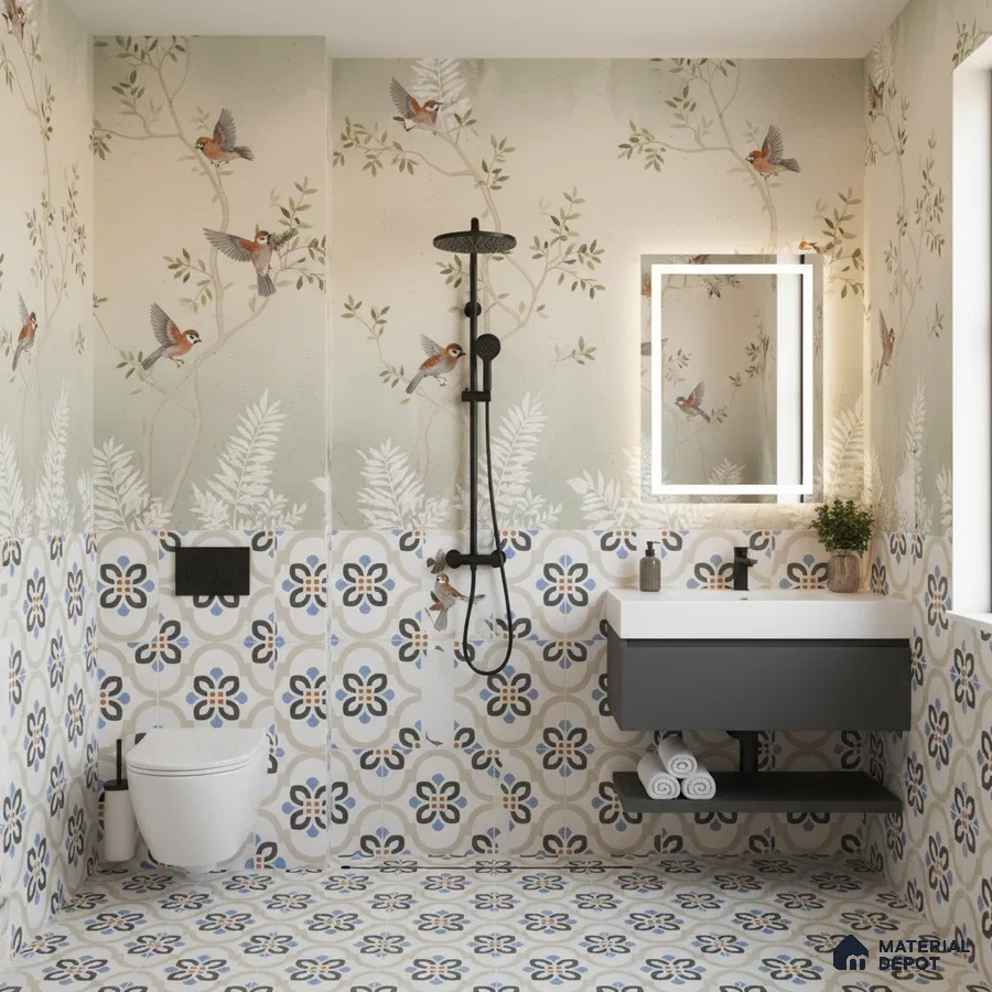 Modern bathroom with floral patterned tiles and bird motif wallpaper in Bengaluru | Material Depot
