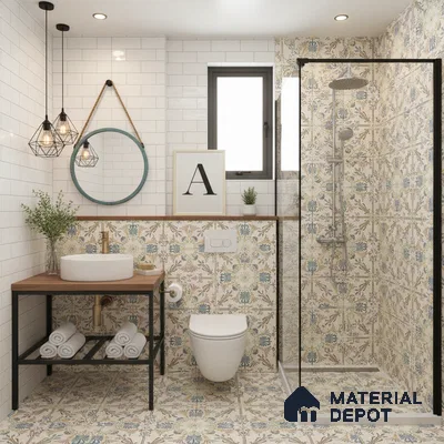 Modern bathroom with floral patterned tiles and white subway wall tiles in Bengaluru | Material Depot