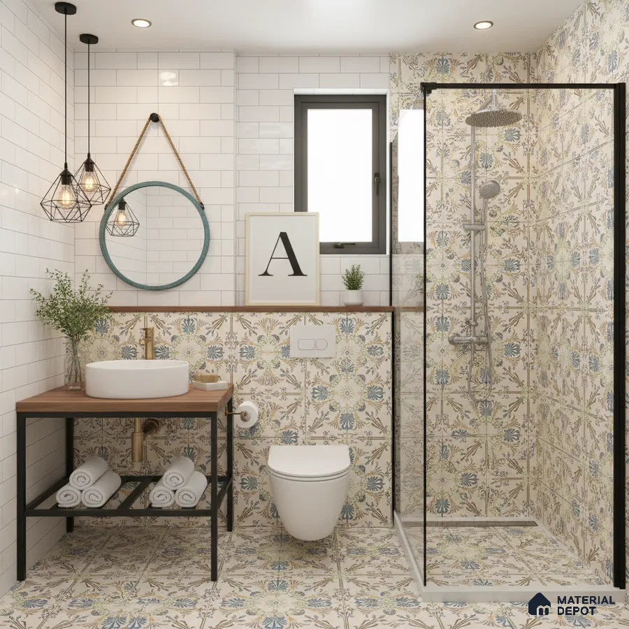 Modern bathroom with floral patterned tiles and white subway wall tiles in Bengaluru | Material Depot
