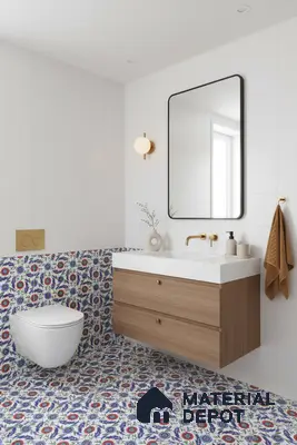 Modern bathroom with floral patterned tiles, white wall tiles, and wood vanity with white marble countertop in Bengaluru | Material Depot