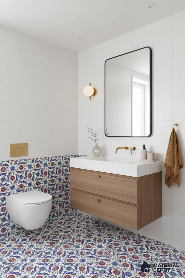 Modern bathroom with floral patterned tiles, white wall tiles, and wood vanity with white marble countertop in Bengaluru | Material Depot