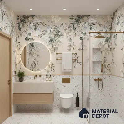 Modern bathroom design with floral patterned wall tiles and terrazzo floor and wall tiles in Bengaluru | Material Depot