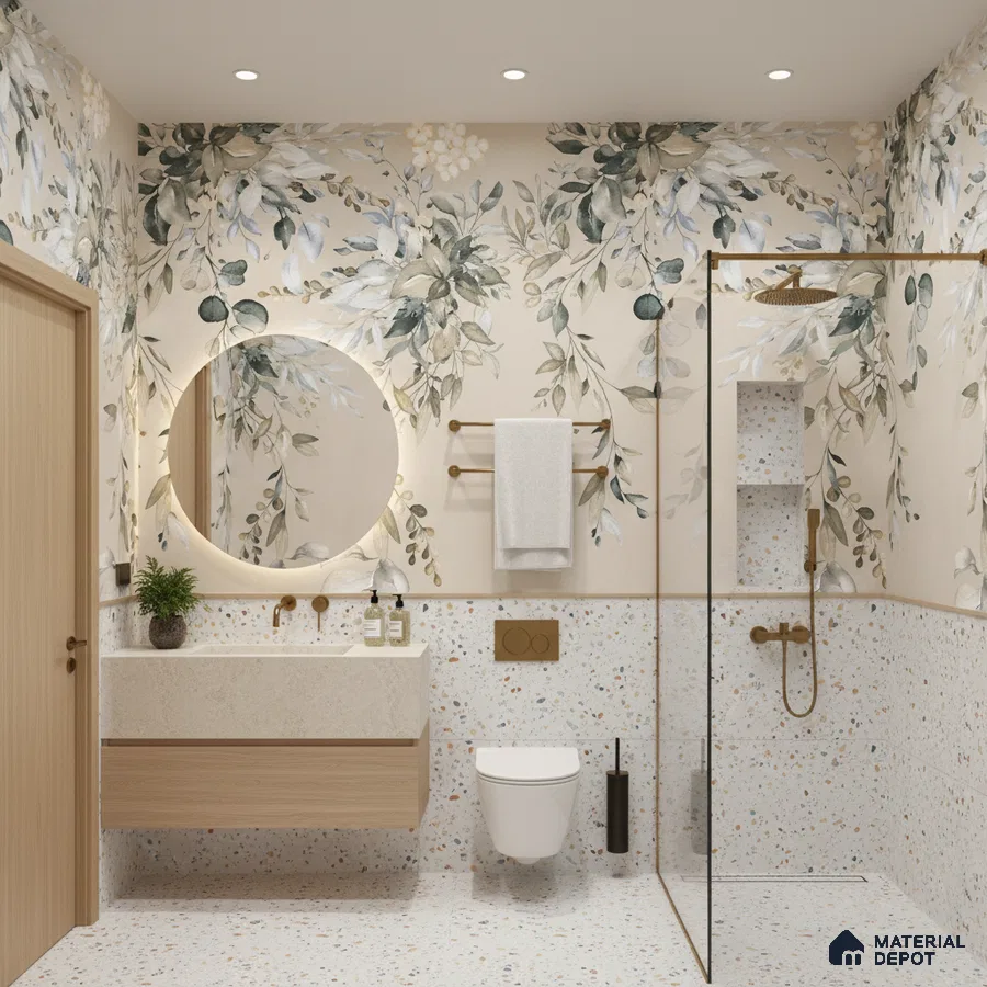 Modern bathroom design with floral patterned wall tiles and terrazzo floor and wall tiles in Bengaluru | Material Depot