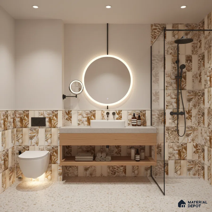 Modern bathroom with floral patterned wall tiles, terrazzo floor tiles, and floating wood vanity | Material Depot