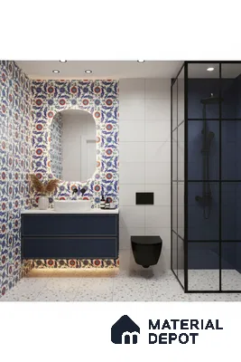 Modern bathroom with floral patterned wall tiles, terrazzo floor tiles, and navy blue vanity in Bengaluru | Material Depot