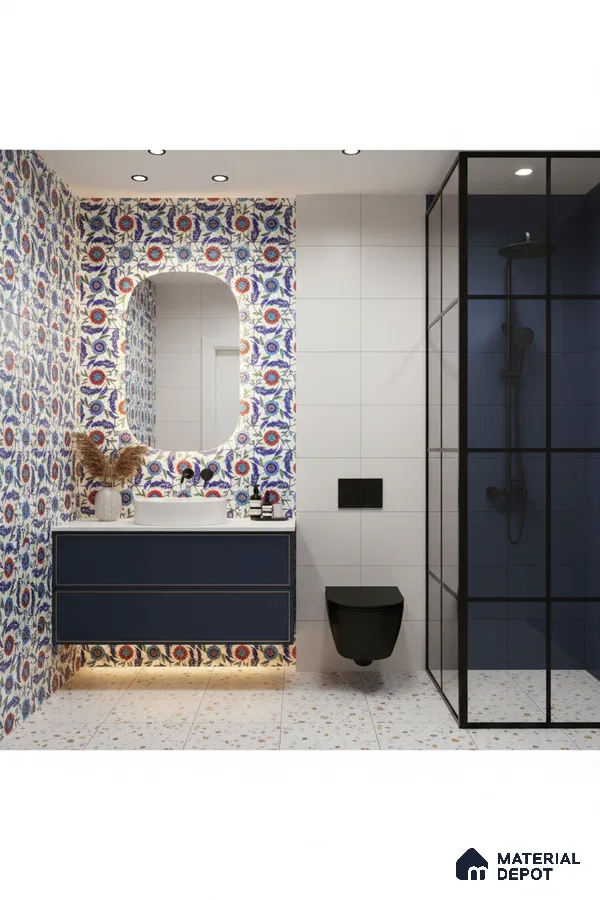 Modern bathroom with floral patterned wall tiles, terrazzo floor tiles, and navy blue vanity in Bengaluru | Material Depot