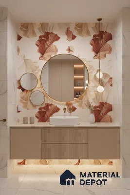 Modern bathroom design with floral tile, beige fluted vanity, and marble-look wall and floor tiles in Bengaluru | Material Depot