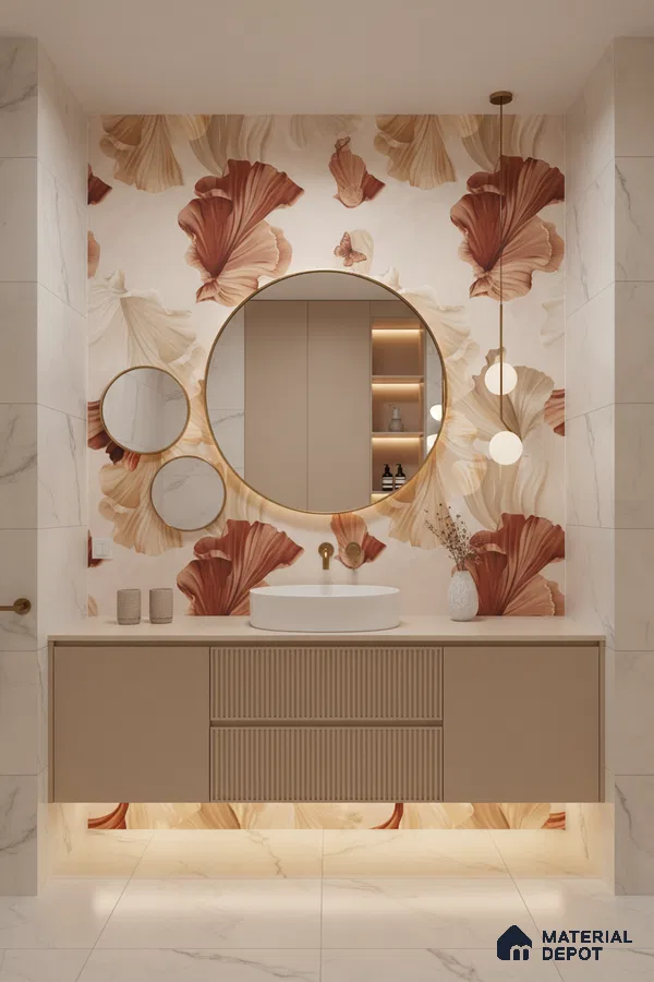Modern bathroom design with floral tile, beige fluted vanity, and marble-look wall and floor tiles in Bengaluru | Material Depot