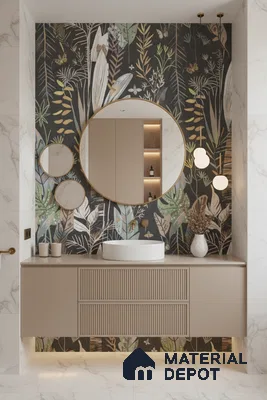 Modern bathroom design with floral tile, beige fluted vanity, and marble-look wall tiles in Bengaluru | Material Depot