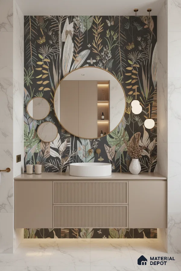 Modern bathroom design with floral tile, beige fluted vanity, and marble-look wall tiles in Bengaluru | Material Depot