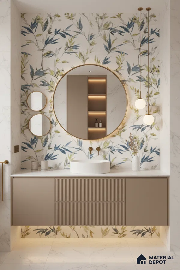Modern bathroom design with floral tile, beige fluted vanity, and white marble-look tiles in Bengaluru | Material Depot