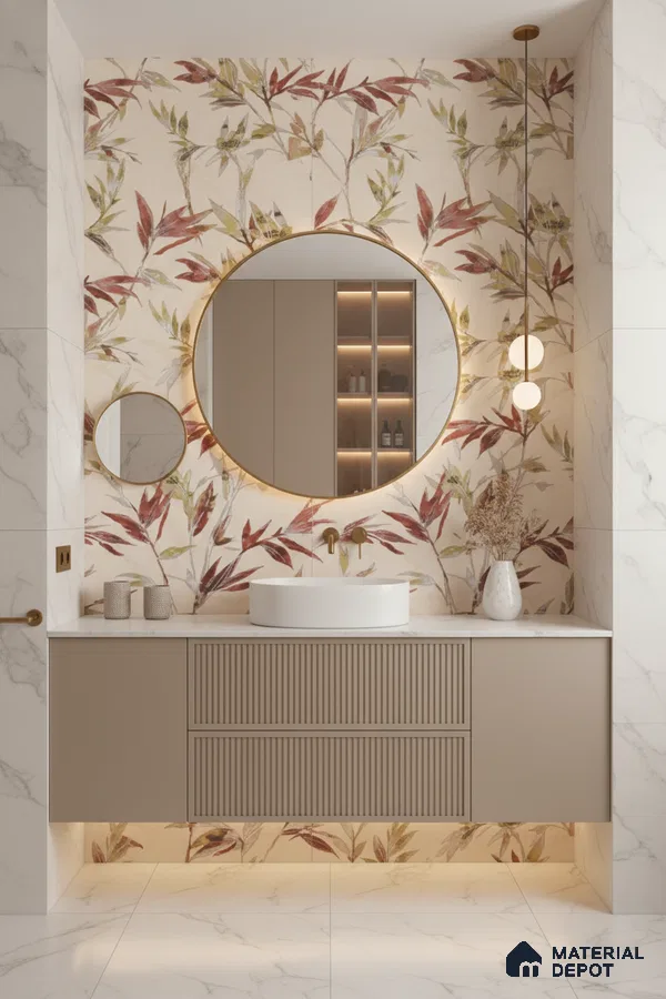Modern bathroom design with floral tile, beige fluted vanity, and white marble tiles in Bengaluru | Material Depot