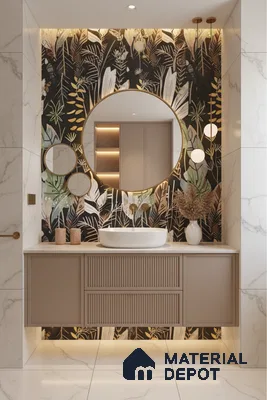 Modern bathroom design with floral tile, beige fluted vanity, and white marble wall tiles in Bengaluru | Material Depot