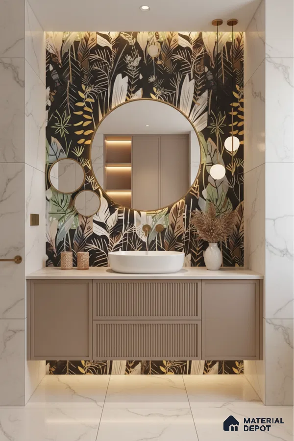 Modern bathroom design with floral tile, beige fluted vanity, and white marble wall tiles in Bengaluru | Material Depot