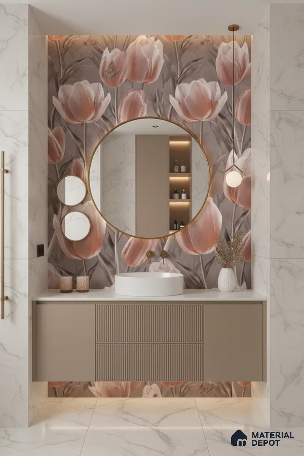 Modern bathroom design with floral tile, marble wall tiles, and taupe fluted vanity in Bengaluru | Material Depot