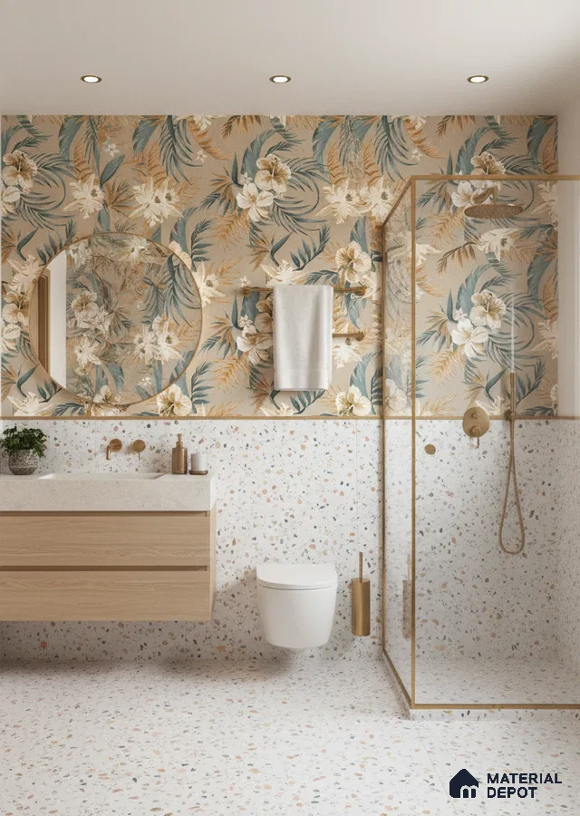 Modern bathroom design with floral tropical highlighter wall tile and terrazzo wall and floor tiles in Bengaluru | Material Depot