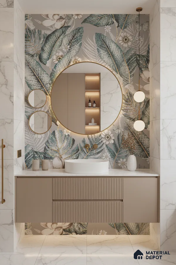 Modern bathroom design with floral tropical highlighter wall tile, beige fluted vanity, and white marble wall tiles in Bengaluru | Material Depot