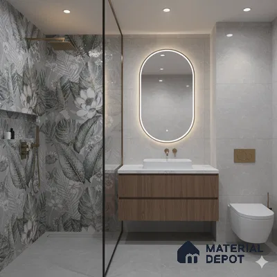 Modern bathroom with floral tropical highlighter wall tile, grey marble wall tile, and wood laminate vanity | Material Depot