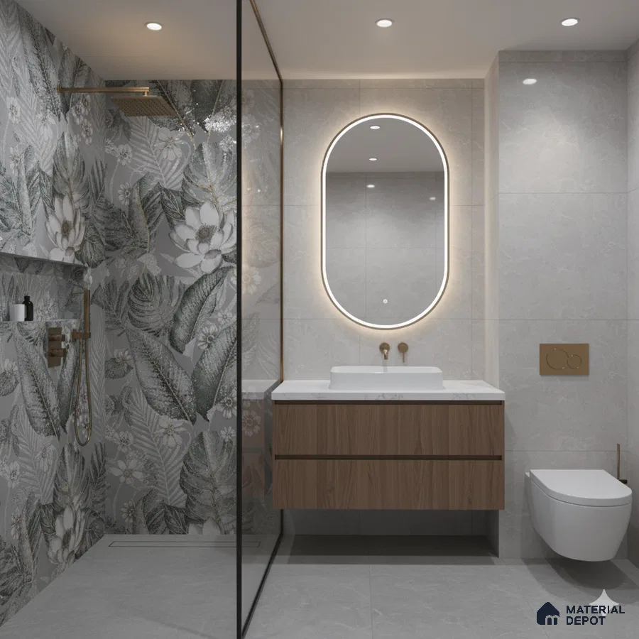 Modern bathroom with floral tropical highlighter wall tile, grey marble wall tile, and wood laminate vanity | Material Depot