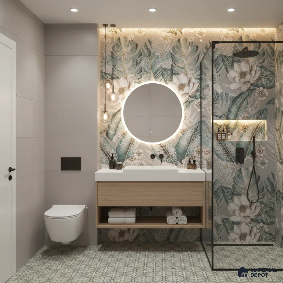 Modern bathroom design with floral tropical highlighter wall tiles, light wood vanity, and patterned floor tiles in Bengaluru | Material Depot
