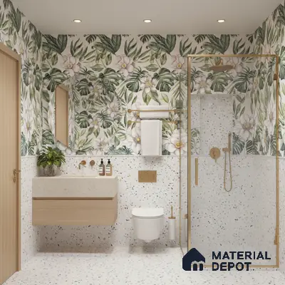 Modern bathroom design with floral tropical wall tiles and terrazzo wall and floor tiles in Bengaluru | Material Depot