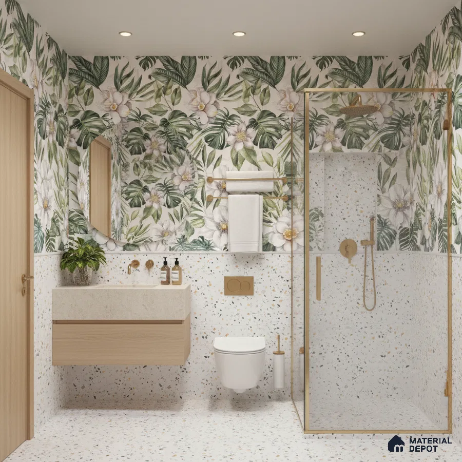 Modern bathroom design with floral tropical wall tiles and terrazzo wall and floor tiles in Bengaluru | Material Depot