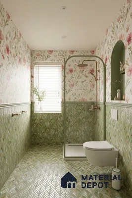 Modern bathroom with floral wallpaper and green art deco patterned wall and floor tiles in Bengaluru | Material Depot
