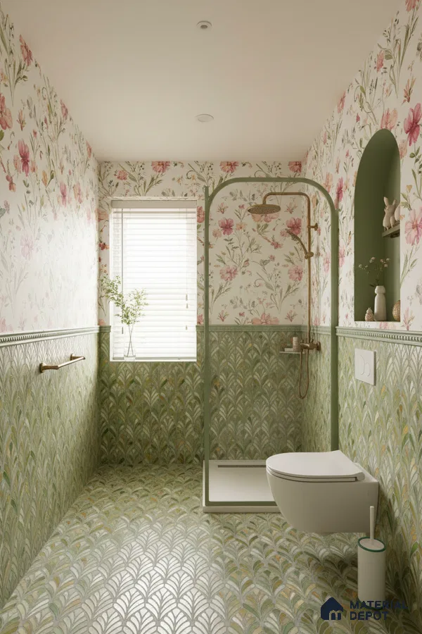 Modern bathroom with floral wallpaper and green art deco patterned wall and floor tiles in Bengaluru | Material Depot