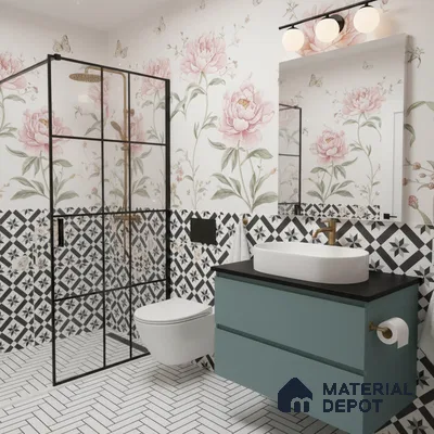 Modern bathroom with floral wallpaper, black-and-white geometric wall tiles, and herringbone floor tiles in Bengaluru | Material Depot