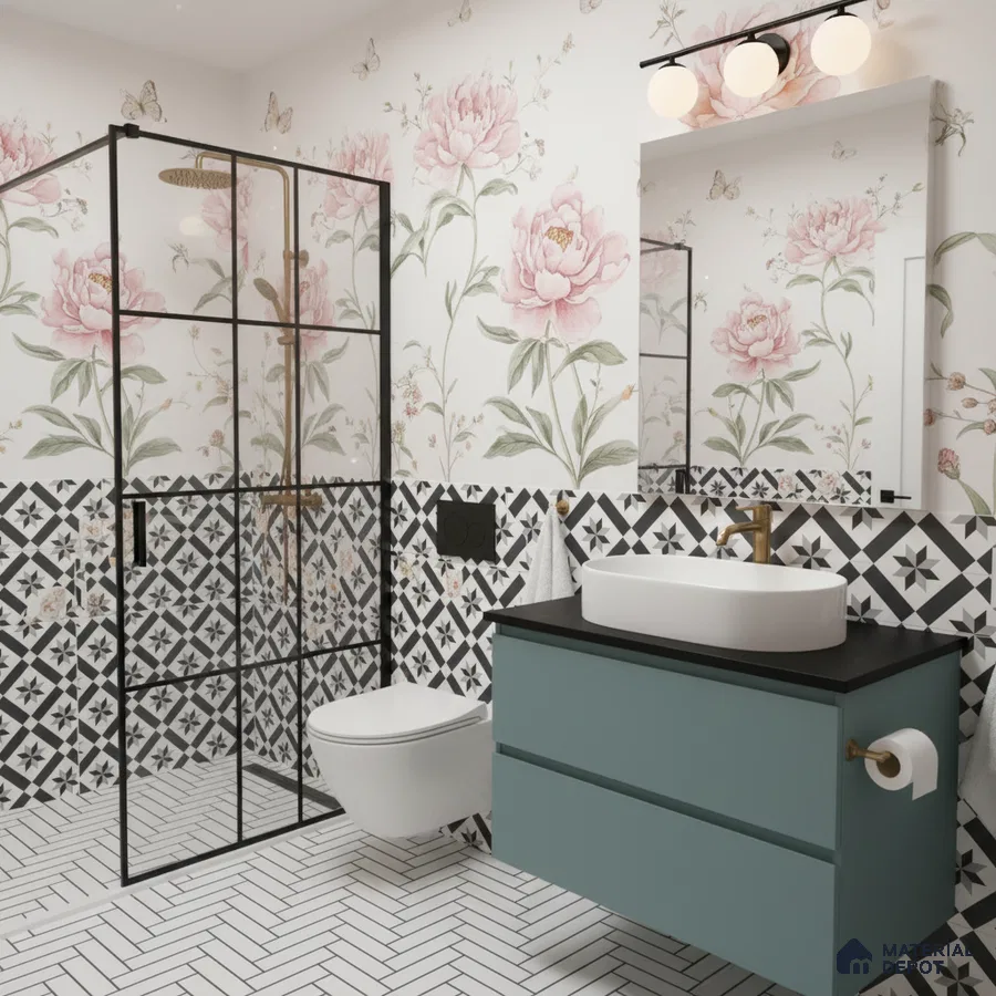 Modern bathroom with floral wallpaper, black-and-white geometric wall tiles, and herringbone floor tiles in Bengaluru | Material Depot