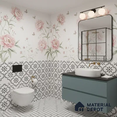Modern bathroom with floral wallpaper, black-and-white patterned wall tiles, and herringbone floor tiles in Bengaluru | Material Depot