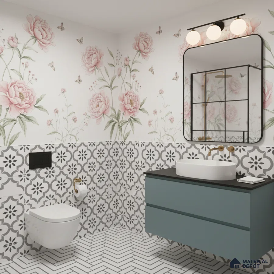 Modern bathroom with floral wallpaper, black-and-white patterned wall tiles, and herringbone floor tiles in Bengaluru | Material Depot