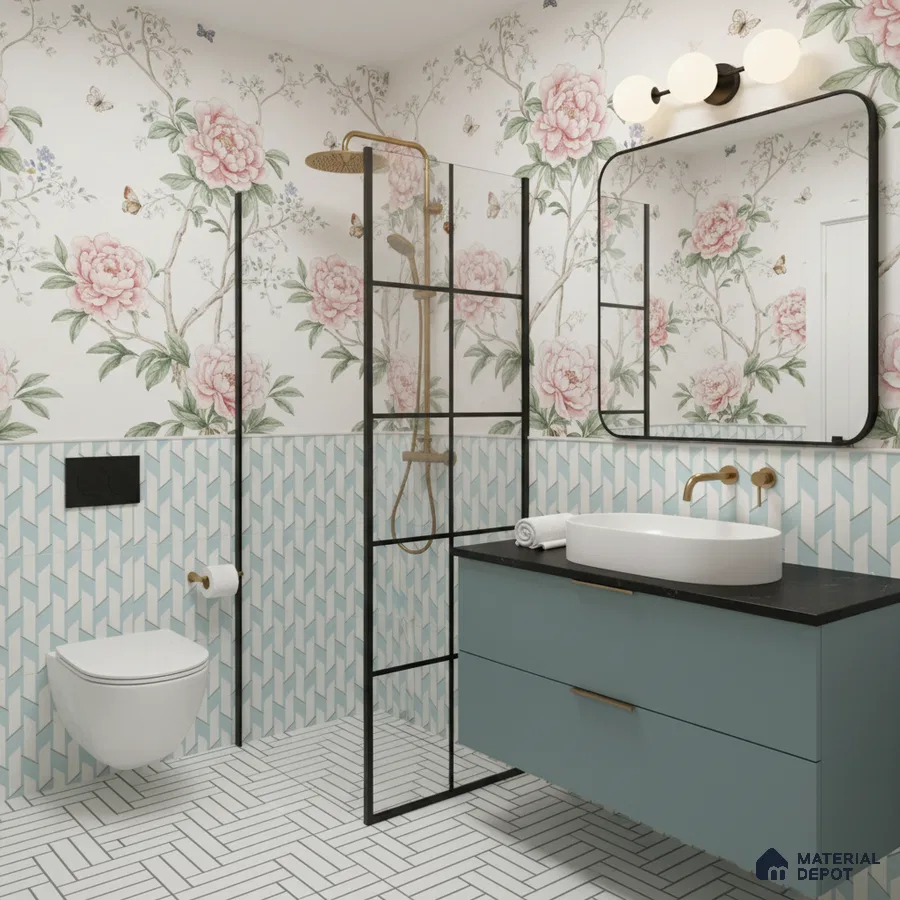 Modern bathroom with floral wallpaper, blue geometric wall tiles, and white herringbone floor tiles in Bengaluru | Material Depot