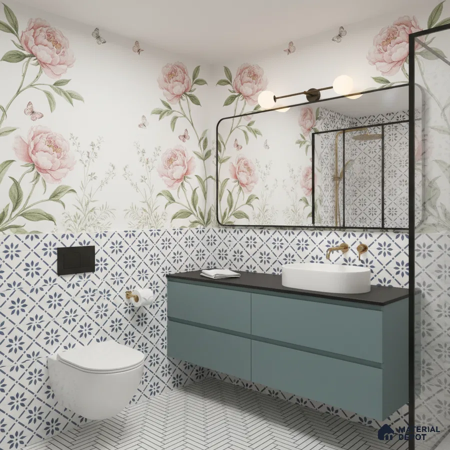 Modern bathroom with floral wallpaper, blue patterned wall tiles, and matte blue vanity in Bengaluru | Material Depot
