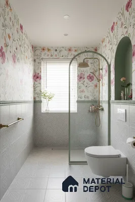 Modern bathroom with floral wallpaper, geometric patterned wall and floor tiles, and sage green accents in Bengaluru | Material Depot