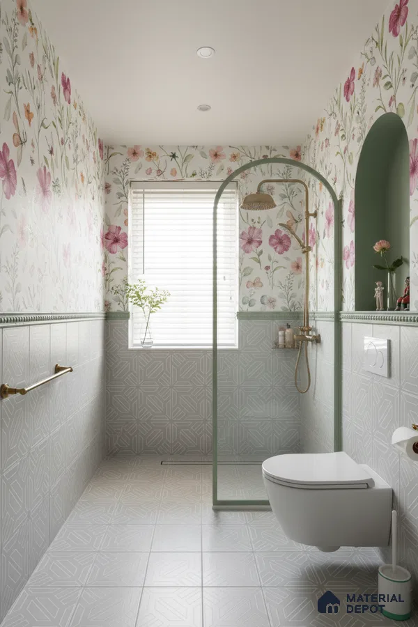 Modern bathroom with floral wallpaper, geometric patterned wall and floor tiles, and sage green accents in Bengaluru | Material Depot