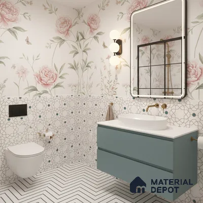 Modern bathroom with floral wallpaper, geometric patterned wall tiles, and sage green floating vanity in Bengaluru | Material Depot