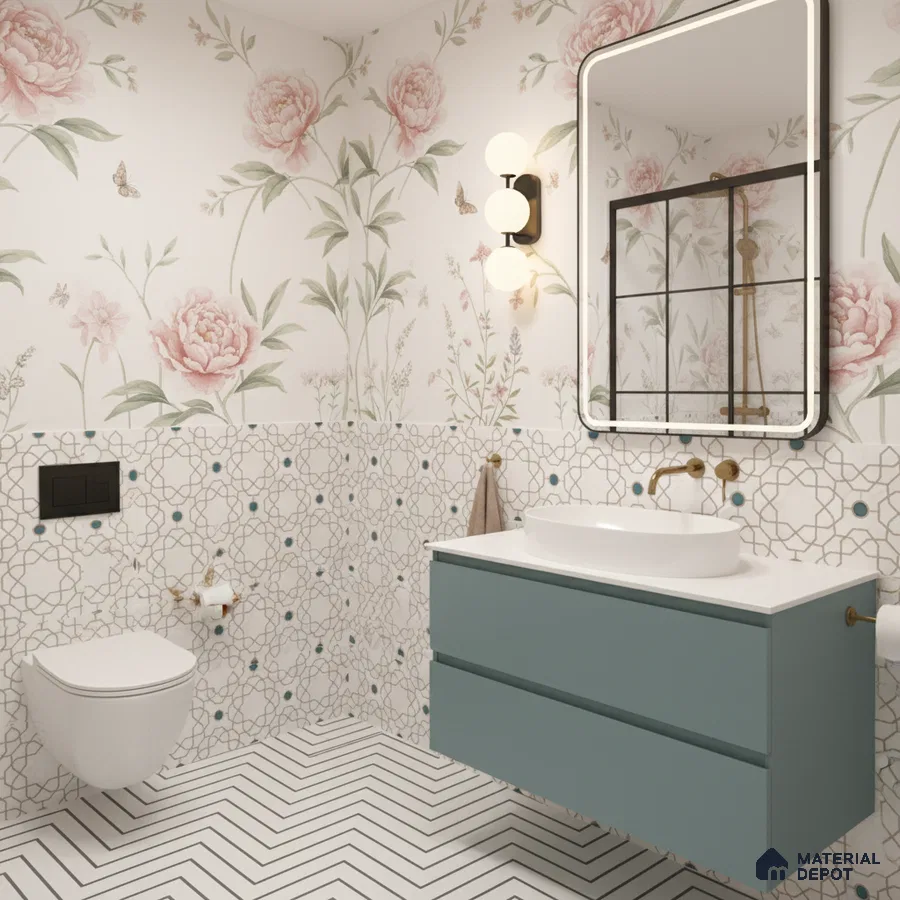 Modern bathroom with floral wallpaper, geometric patterned wall tiles, and sage green floating vanity in Bengaluru | Material Depot