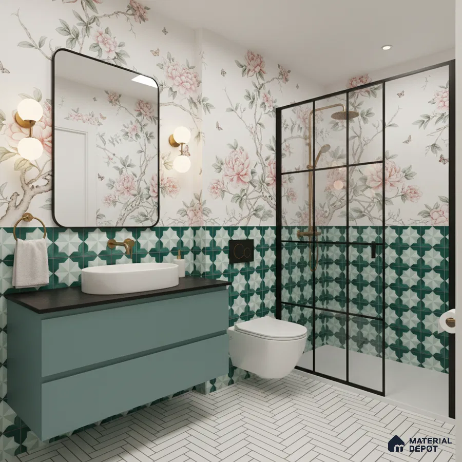 Modern bathroom with floral wallpaper, green geometric wall tiles, and herringbone white floor tiles in Bengaluru | Material Depot